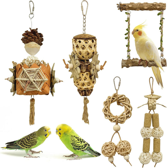 5-Pack Natural Hanging Basket Bird Toys – Foraging & Chewing Toys for Parakeets, Cockatiels, Conures & Small Birds – No Plastic, All-Natural Materials