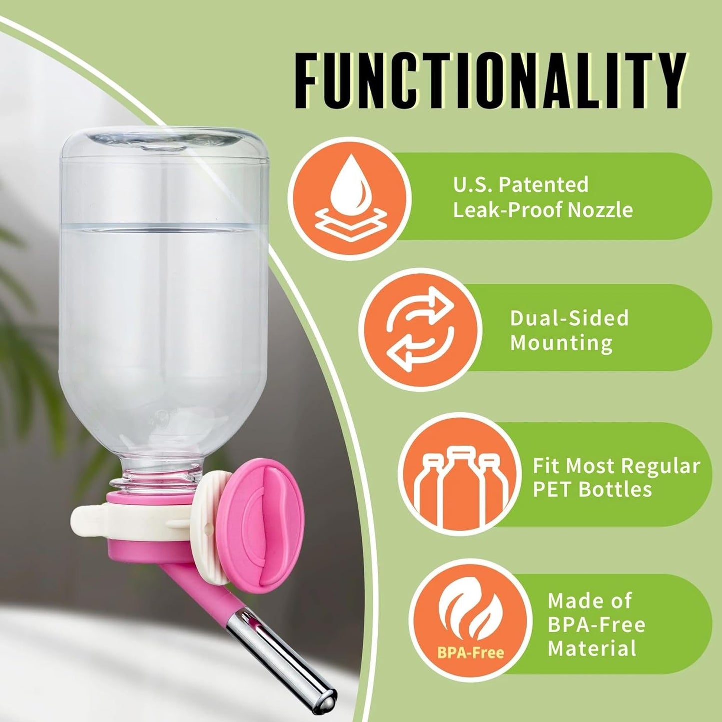 Choco Nose Patented No-Drip Water Bottle/Feeder for Guinea Pigs/Hamsters/Bunnies/Ferrets/Other Small Pets, Critters and Animals -for Cages, Crates or Wall Mount. 10.2 oz. Nozzle 10mm, Pink (C128)