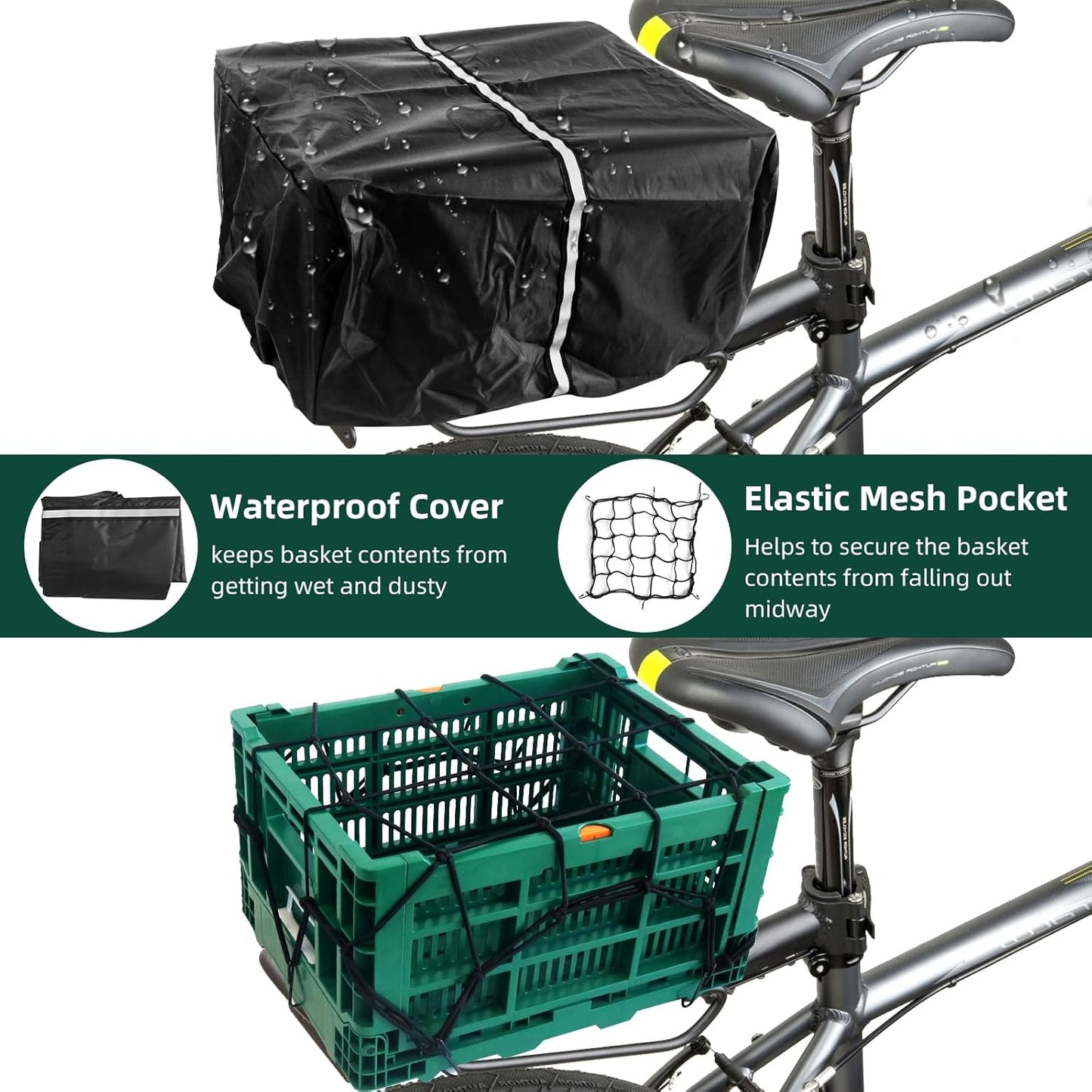 Foldable Large Green Plastic Bicycle Rear Basket with Cargo Net and Waterproof Cover Net for Shopping Outings, Pets, School, Picnics or Outdoor Activities, Easy to Install on Rack Mount
