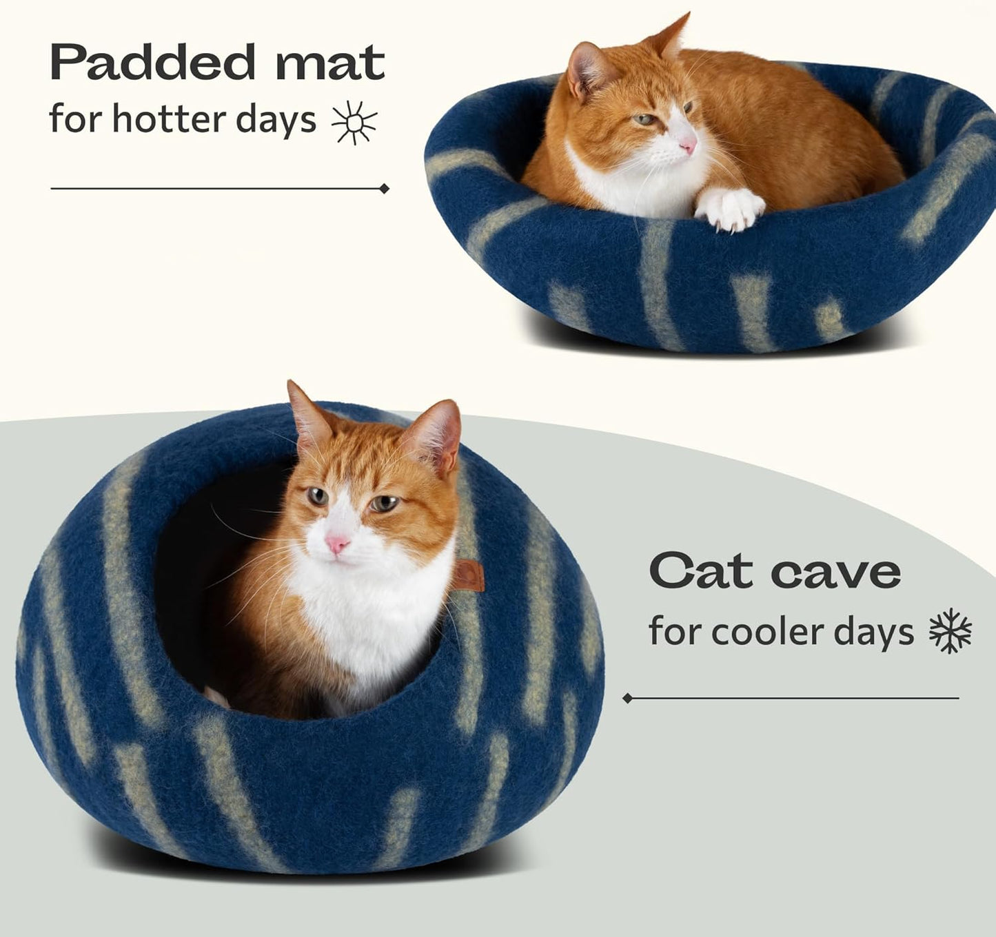 MEOWFIA Cat Cave – Premium Felt Cat Bed for Indoor Cats, Handmade 100% Merino Wool (Large, Deep Azure)