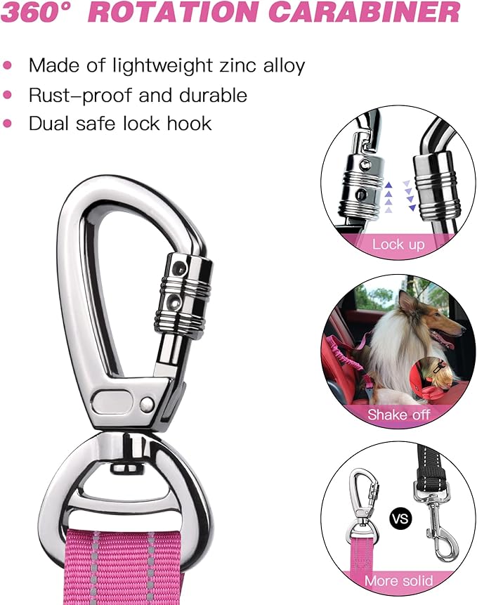 AUBELL Dog Seat Belt for Car,Updated 3-in-1 Adjustable Reflective Bungee Heavy Duty Dog Car Harness Tether with Clip Hook Latch & Buckle,Swivel Zinc Alloy Carabiner,Hotpink