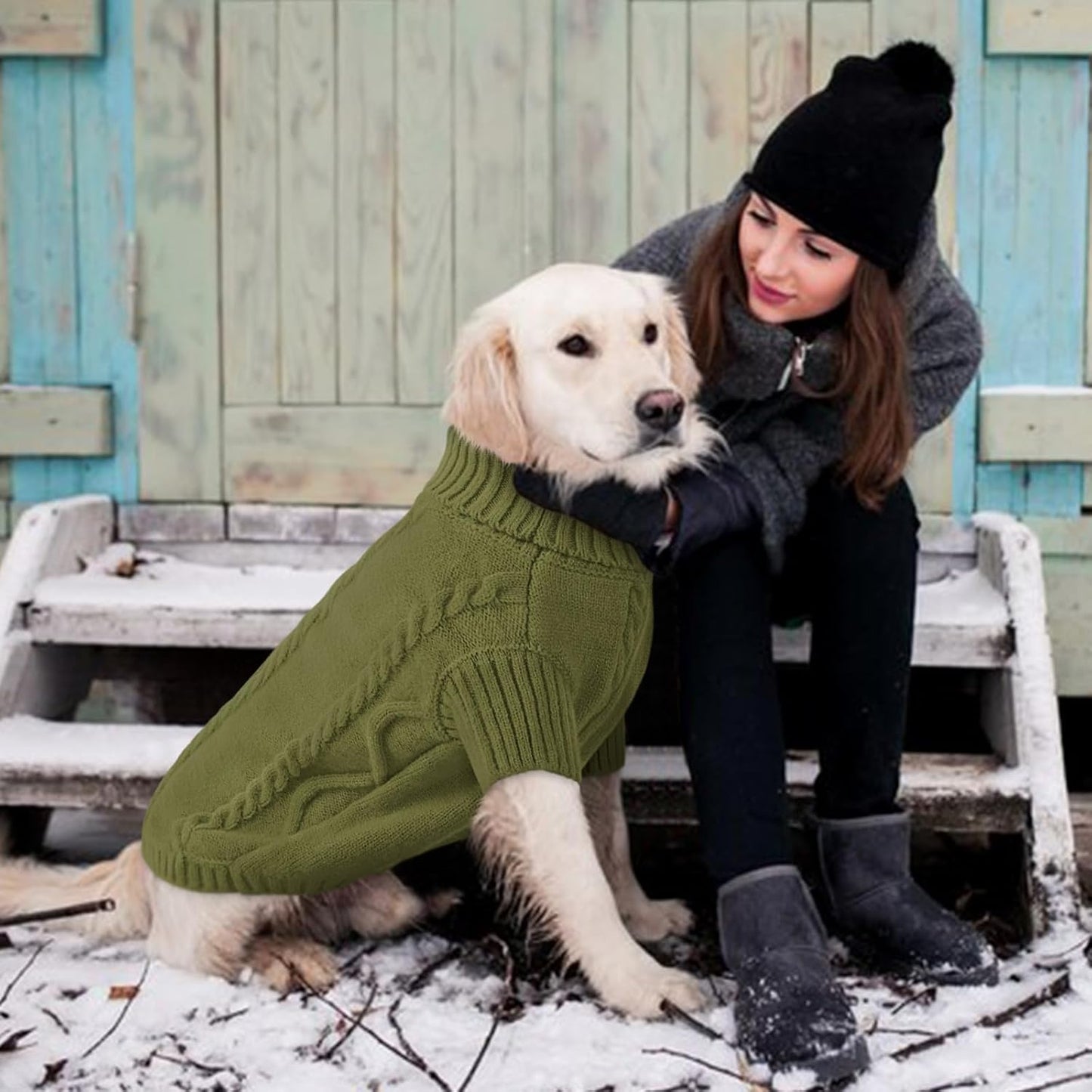 Queenmore Small Dog Pullover Sweater, Cold Weather Cable Knitwear, Classic Turtleneck Thick Warm Clothes for Chihuahua, Bulldog, Dachshund, Pugl,OliveGreen,S