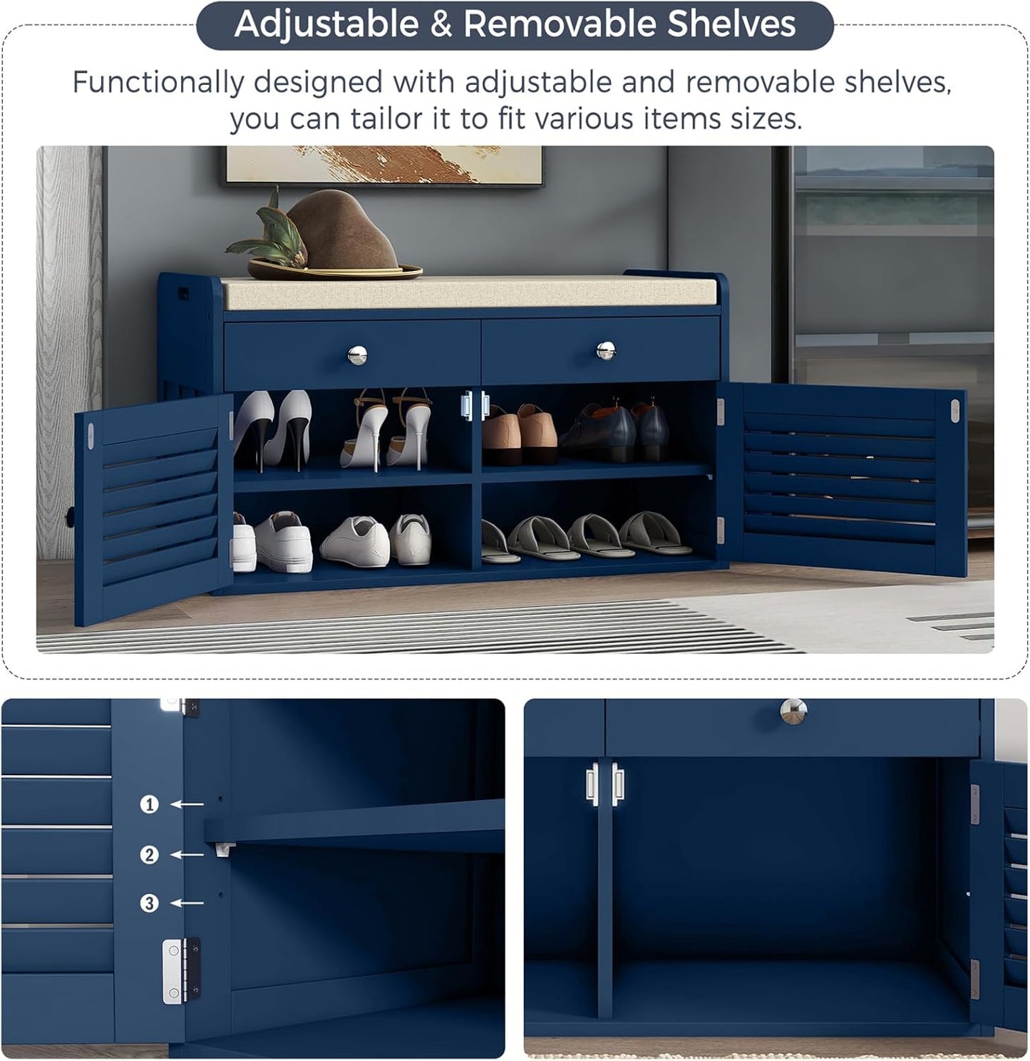 Shoe Storage Bench with 2 Drawers & 2 Doors, Entryway Bench with Cushion, 2 Adjustable Shelves, Shoe Cabinet for Entryway, Living Room, Hallway, Mudroom, Bedroom, Blue