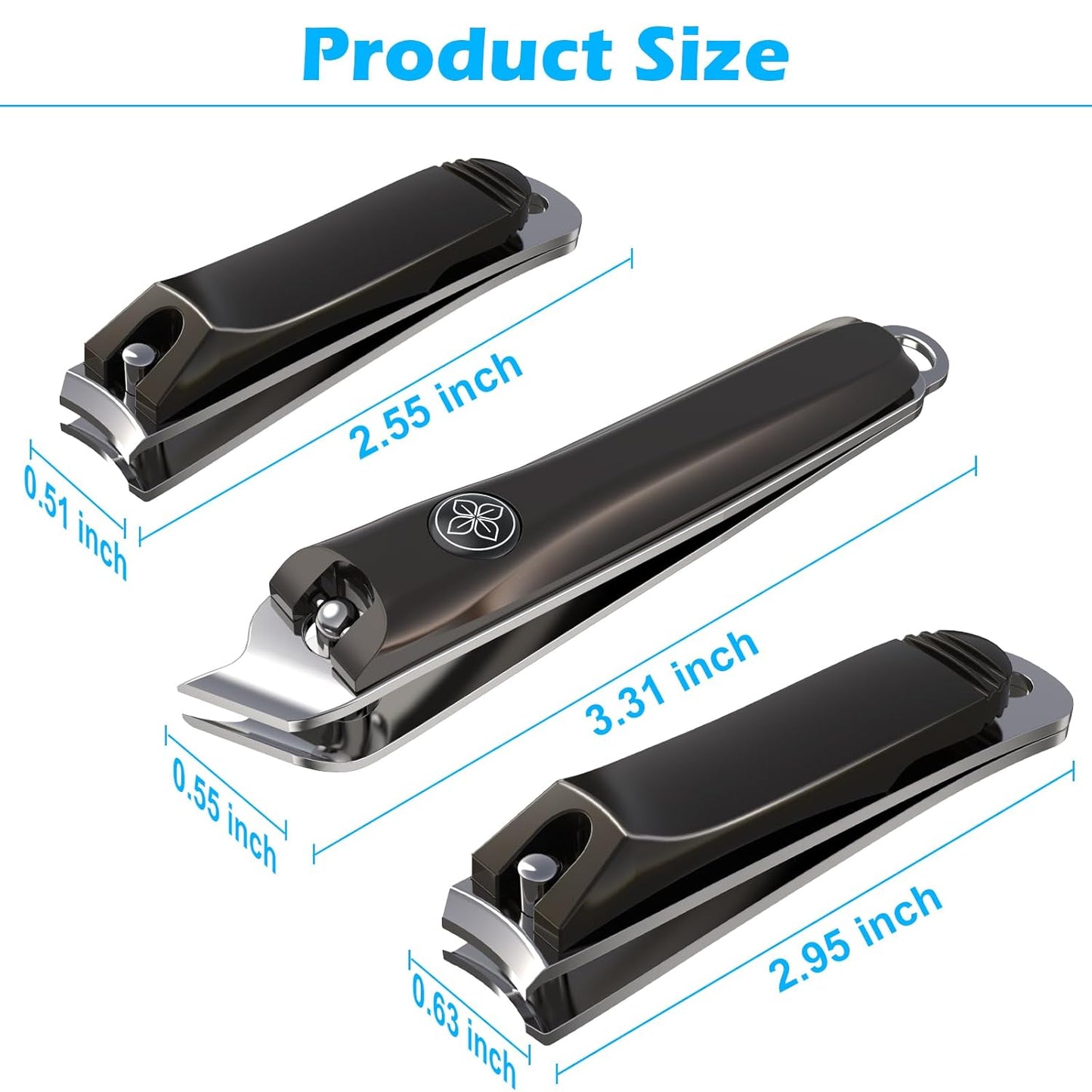 GLAMFIELDS 3pcs Nail Clippers Set, Black Stainless Steel Slanted Edge Nail Clipper & Fingernail & Thick Toenail Trimmer for Men and Women