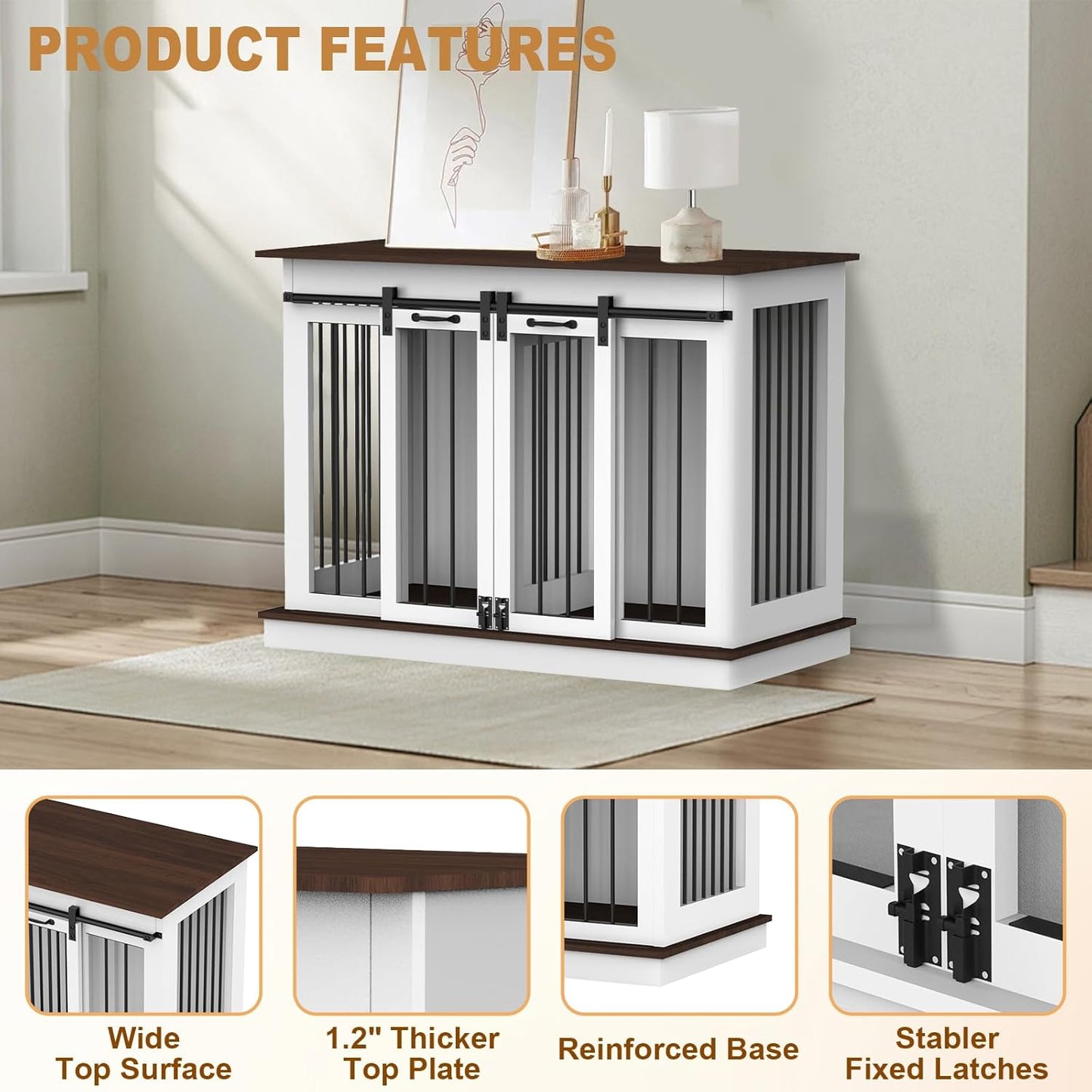 RQZ Double Dog Crate Furniture for 2 Dogs Heavy Duty Wood Dog Cage Table with 2 Sliding Doors and Removable Divider Dog Kennel Indoor for Medium Large Dogs (47" L x 24" W x 35" H)