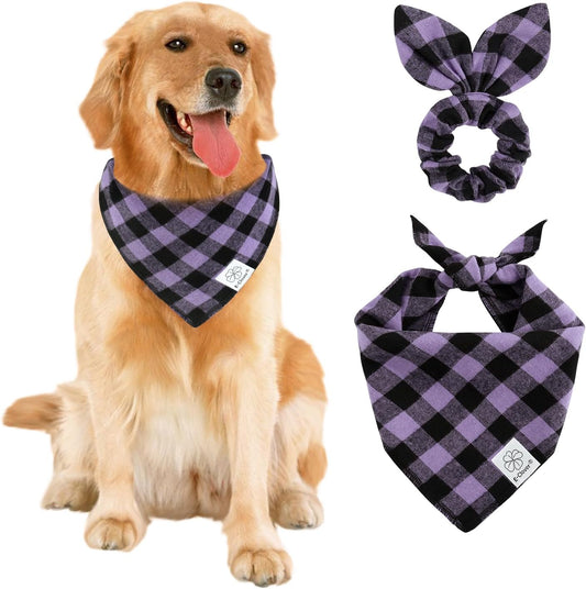 E-Clover Halloween Dog Bandanas & Matching Scrunchie-Plaid Dog Bandana Girl Boy Pet Scarf Kerchief for Medium Large Dogs Puppy Owner Mom Gifts Purple