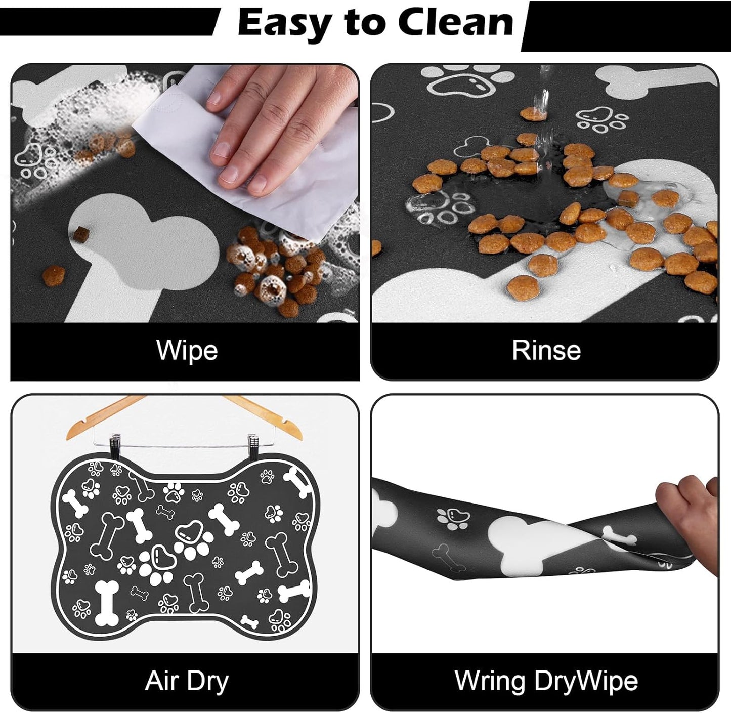 Dog Cat Food Mat,Rapid Absorbent Pet Feeding Mat, Bone Shaped Dog Placemat Water Bowl Mat with Rubber Backing,No Stains Dog Cat Food Mats Indoor, Pet Accessories Supplies 16"×24" Black