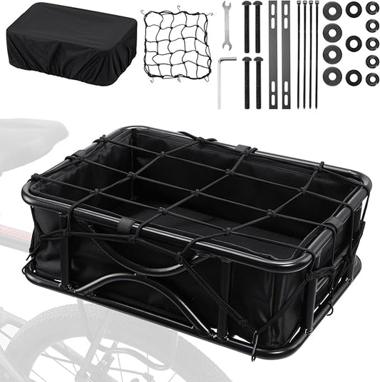 Heavy Duty Rear Bike Basket for Adults, Bicycle Cargo Basket with Removable Liner, Waterproof Cover & Cargo Net, Universal Fit for E-Bike, Mountain Bike, Dog Carrier