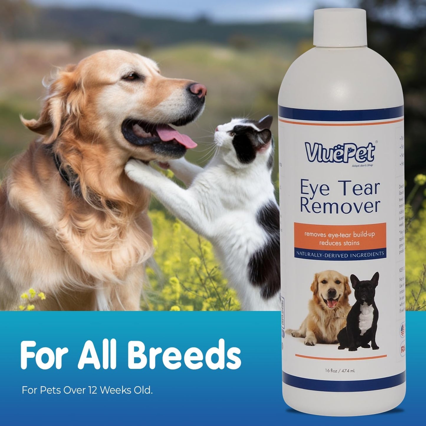 | Eye Tear Remover - Eye Wash Drops & Tear Stain Remover for Cat and Dog - Gentle, Safe & Non-Irritating Formula for All Breeds - Vet Formulated, Prevents Infections - All Natural – 16 floz