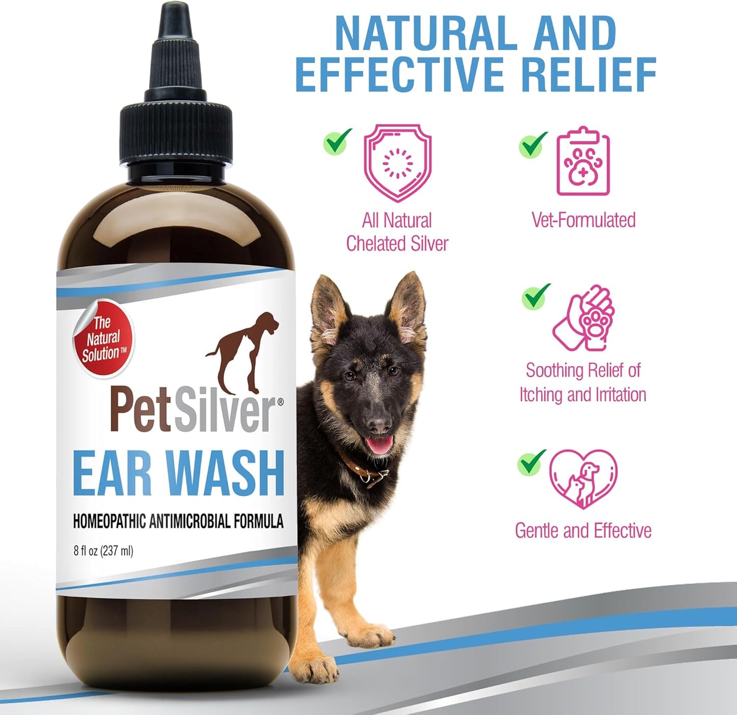 PetSilver Ear Cleaner for Dogs & Cats – Gentle Otic Rinse with Chelated Silver Formula – Supports Clear, Comfortable Ears – Easy to Use – Thoughtfully Made in The USA with Care – 8 fl oz