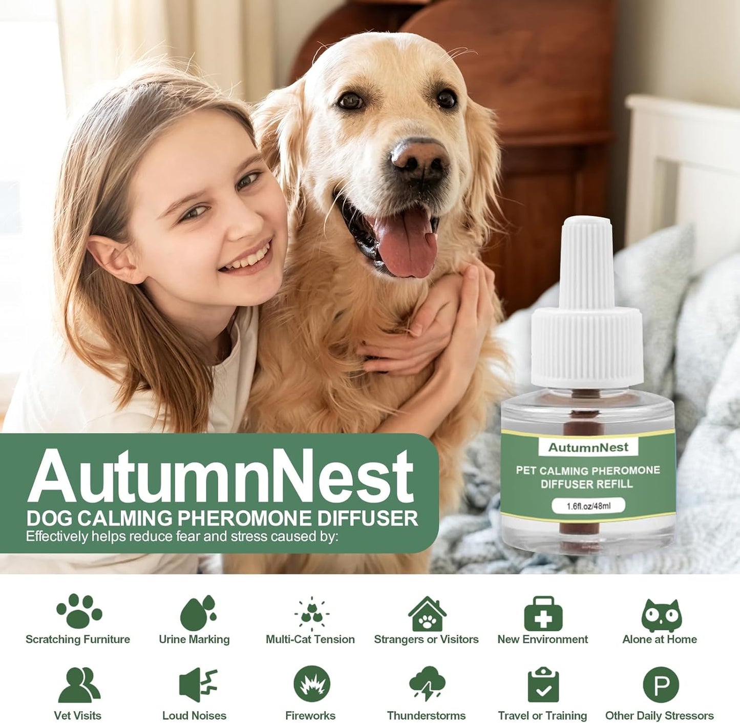 Dog Calming Pheromone Diffuser Refills, 4 Pack 48ml, Helps Dogs Relieve Anxiety, Reduce Stress, Aggression, Barking, Chewing, Scratching, Supports Dogs Travel, Vet Visits, Separation, Loud Noises