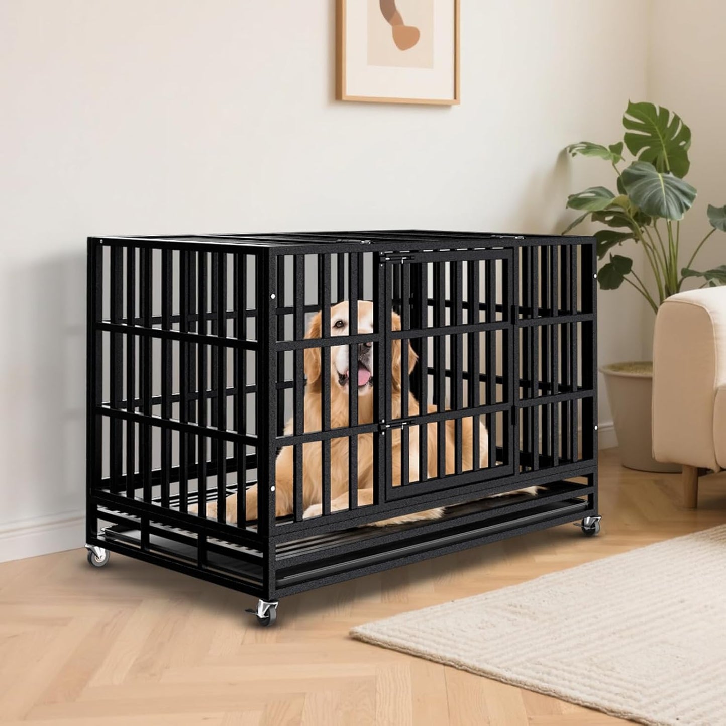 48 Inch Heavy Duty Dog Crate Kennel with Wheels, High Anxiety Indestructible Dog Crates for Large Dogs, XL XXL Extra Large Dog Crate with Removable Plastic Tray, Two Locks (Black, Square)