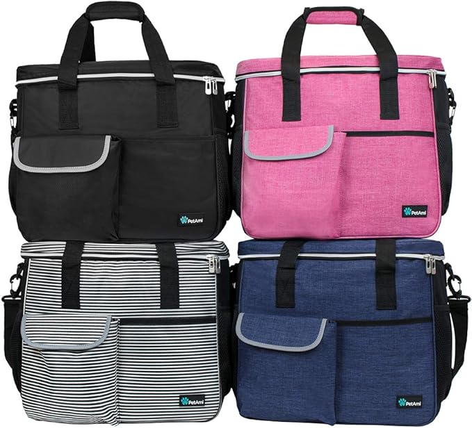 PetAmi Dog Travel Bag - Organizer with Food Container, Bowls & Accessories for Weekend Camping, Cat Diaper Bag (Stripe Black, Large)