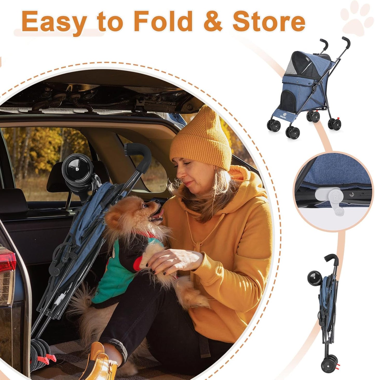 Wedyvko Travel Portable Dog Stroller, Pet Stroller for Small Puppy Dogs & Cats, Up to 33 lbs, Navy Blue