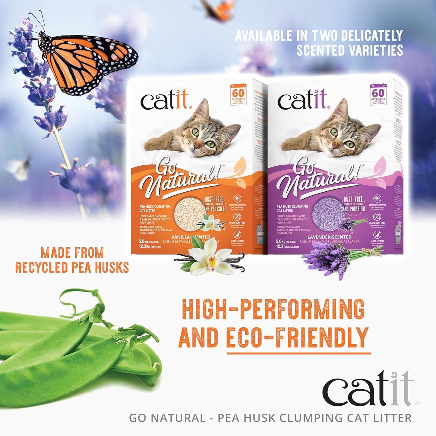 Catit - Go Natural Pea Husk Clumping Cat Litter - Lightweight, Dust Free, Easy Cleaning & Scooping, Flushable Kitty Litter with Odor Control & Subtle Fragrance - 12.3 Lbs, Lavender Scented