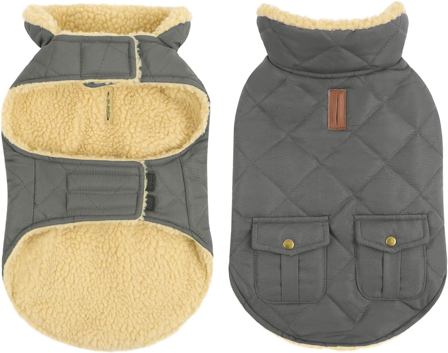 Queenmore Dog Winter Coat - Fleece Jacket, Waterproof Cold Weather Clothes, Thick Warm Cotton Padding, Easy On Storage Pockets (Grey, Medium)