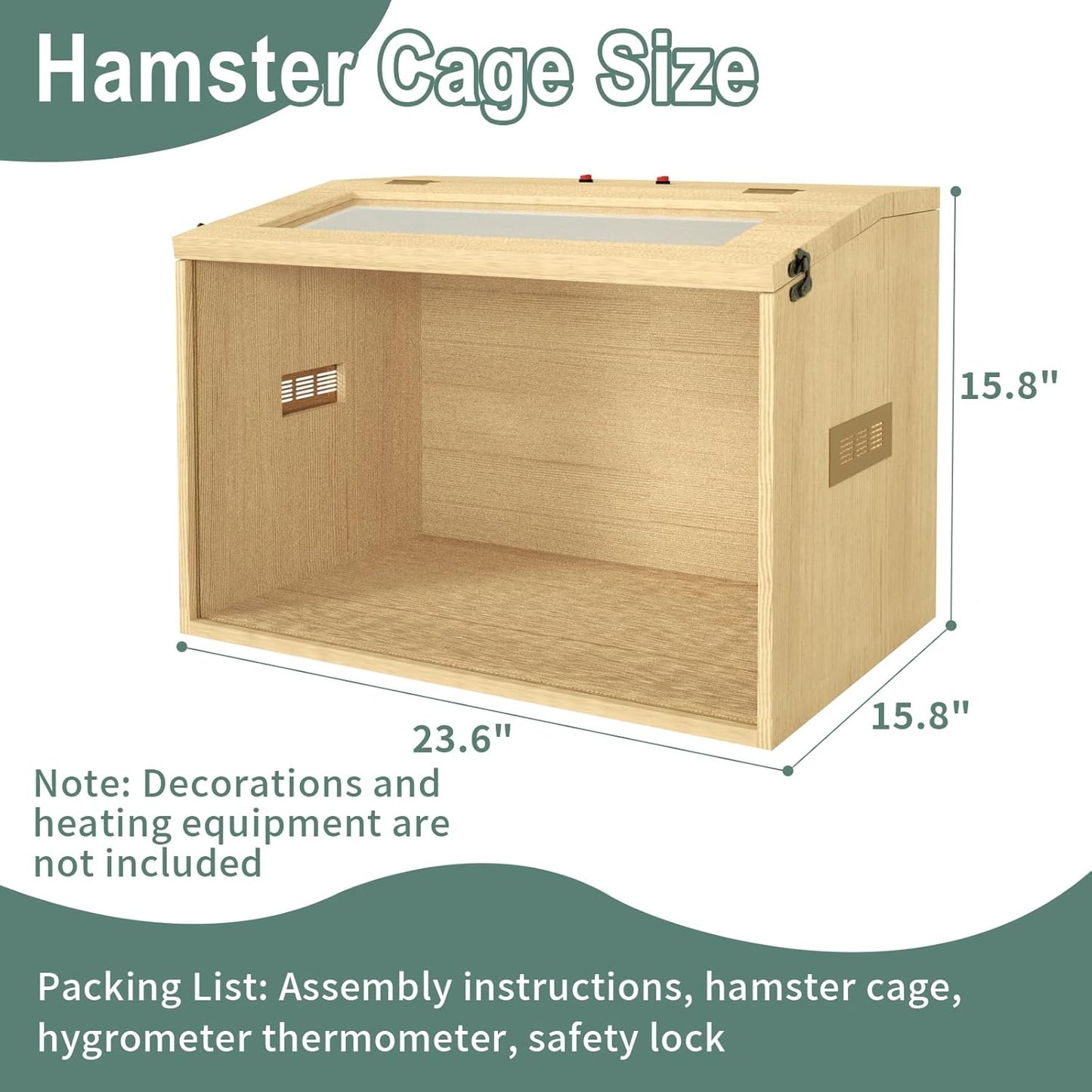 24" Hamster Cage, Top Opening Lockable Roof Door Gerbil Cage, Dwarf Hamster Cage with Hygrometer, Mice and Small Animal Habitat, Chewproof Syrian Hamster Enclosure, (Wooden, 24" L x 16" W x 16" H)