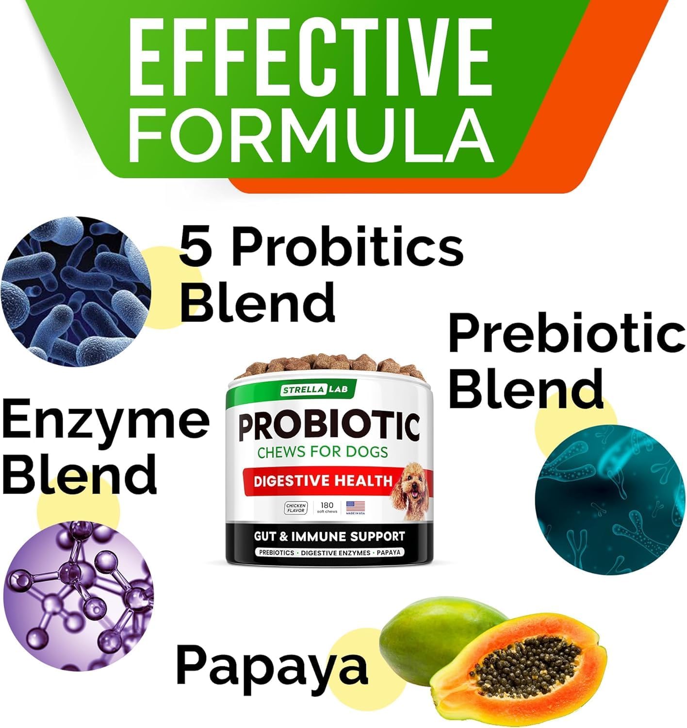 StrellaLab Dog Probiotics Treats for Picky Eaters (180ct) - Digestive Enzymes + Prebiotics - Chewable Fiber Supplement - Allergy, Diarrhea, Gas, Constipation, Upset Stomach Relief - Improve Digestion
