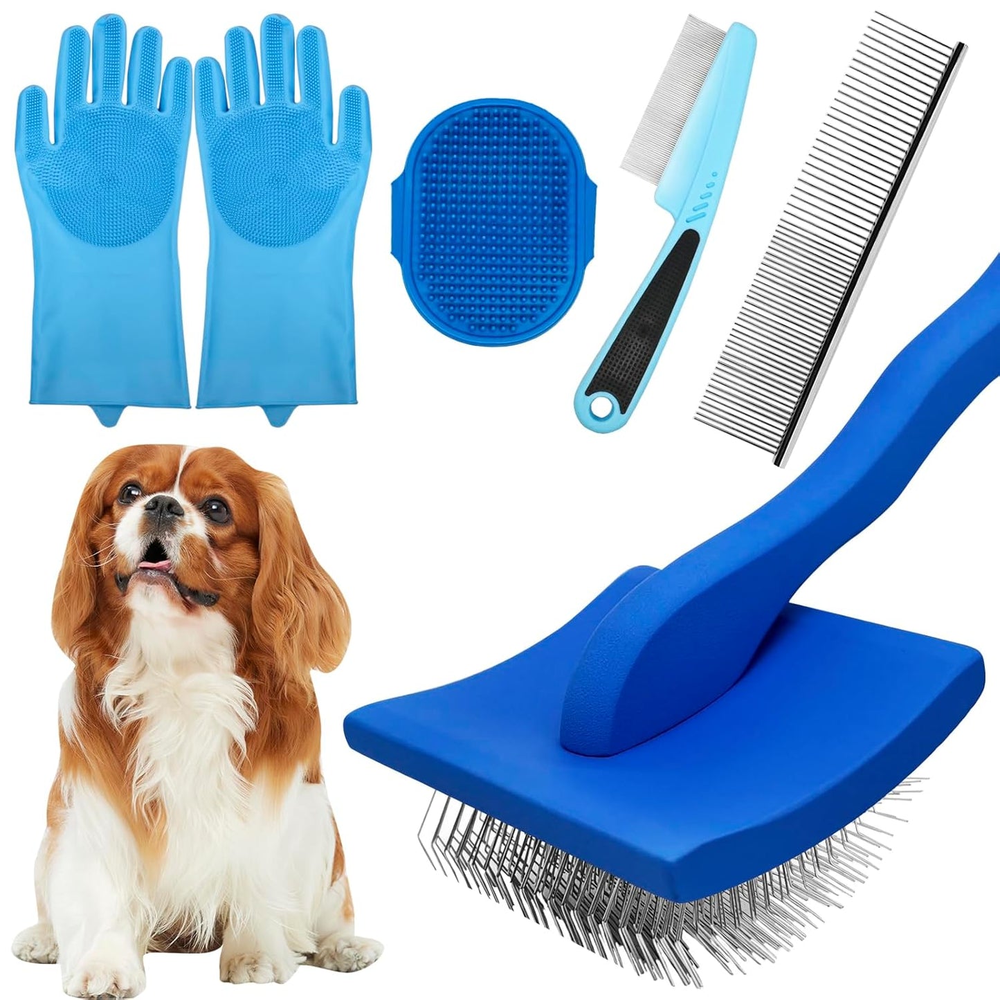 Dog Grooming Brush Set – 5-Piece Kit for Medium & Long-Haired Dogs | Includes Long Pin Brush, Flea Comb, Bath Glove, Silicone Glove, Metal Comb | For Poodles, Huskies & More (Blue)