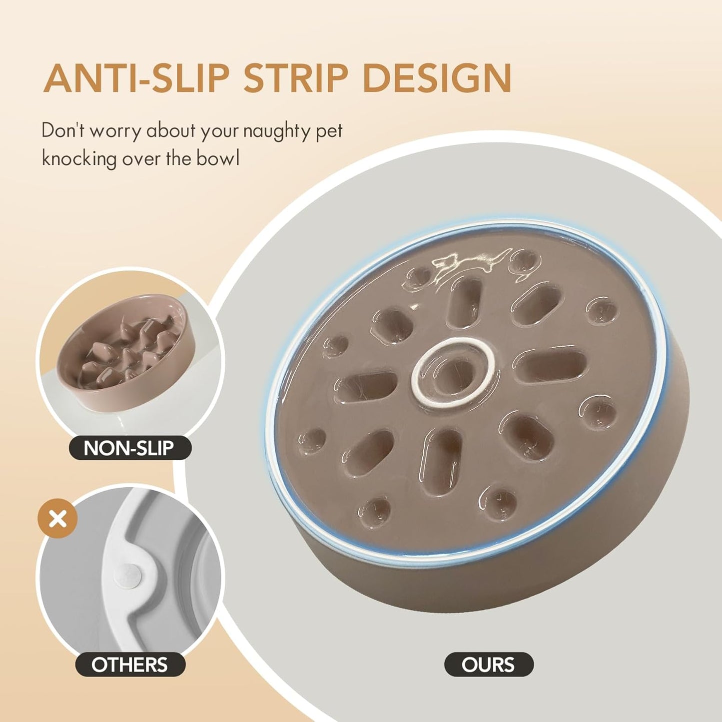 Ceramic Raised Slow Feeder Dog Bowl Set, Elevated 6.1inch Bowl and 7.3inch Slow Pet Food Dish with Wooden Stand for Small and Medium Dog (2 x Brown Coffee+ Stand)