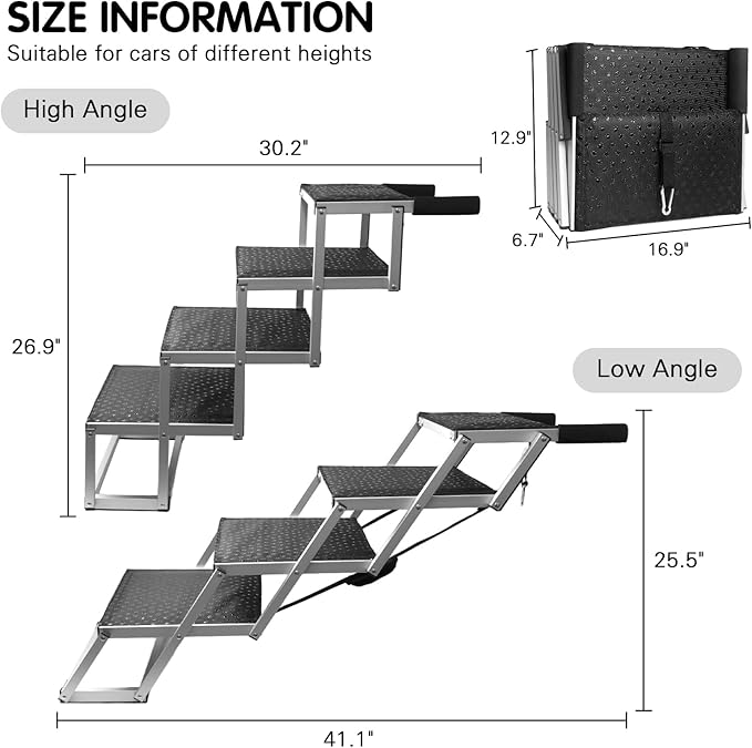 DGSL Dog Ramp for Car, 4-Step Folding Dog Stairs, Aluminum, Black, Supports Up to 250 Lbs