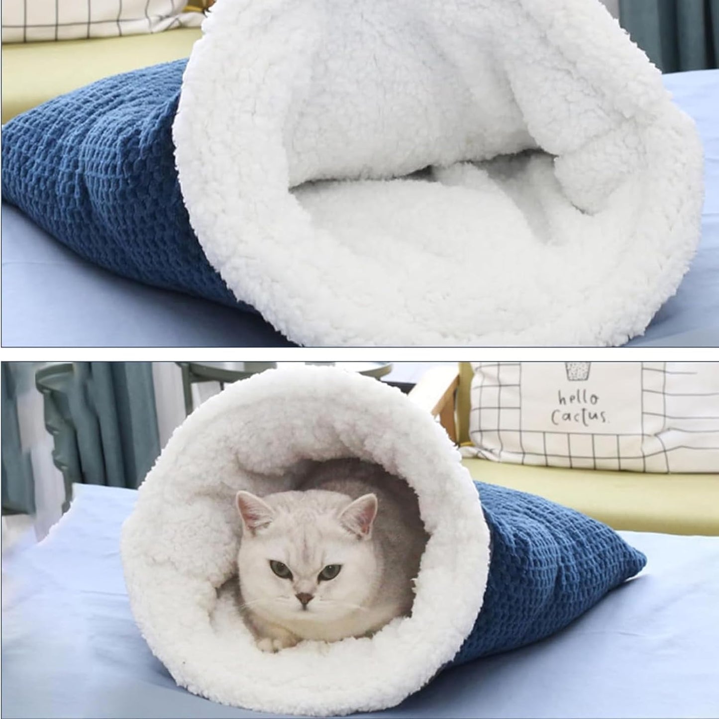 Cat Sleeping Bag for Indoor Cats - Cozy Winter Bed Cave, Warm and Soft Fluffy Washable Blanket (A)