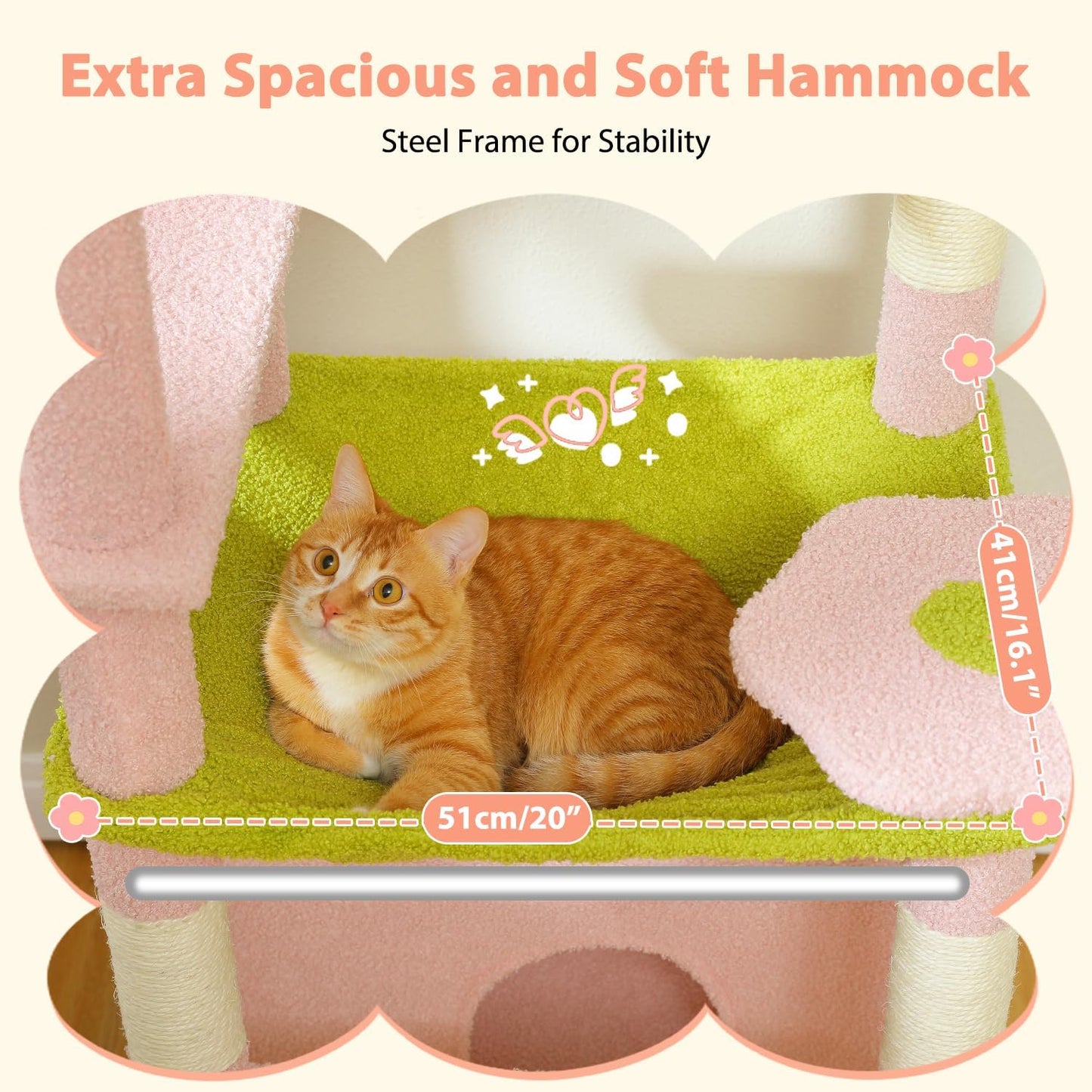 PAWZ Road Flower Cat Tree, 72 Inches Large Cat Tower with Steel Frame Hammock and 7 Scratching Posts, Tall Cat Tree with 2 Condos and Perches for Large Indoor Cats - Pink
