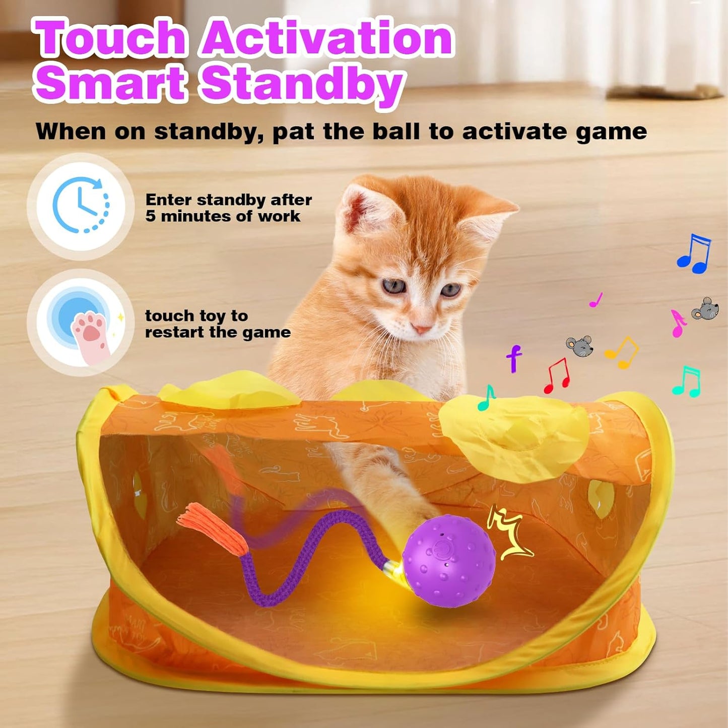 Interactive Cat Toys Mouse Ball, Motion Activated Cat Ball Super Fast in Mice Holes Cat Tent Tunnel