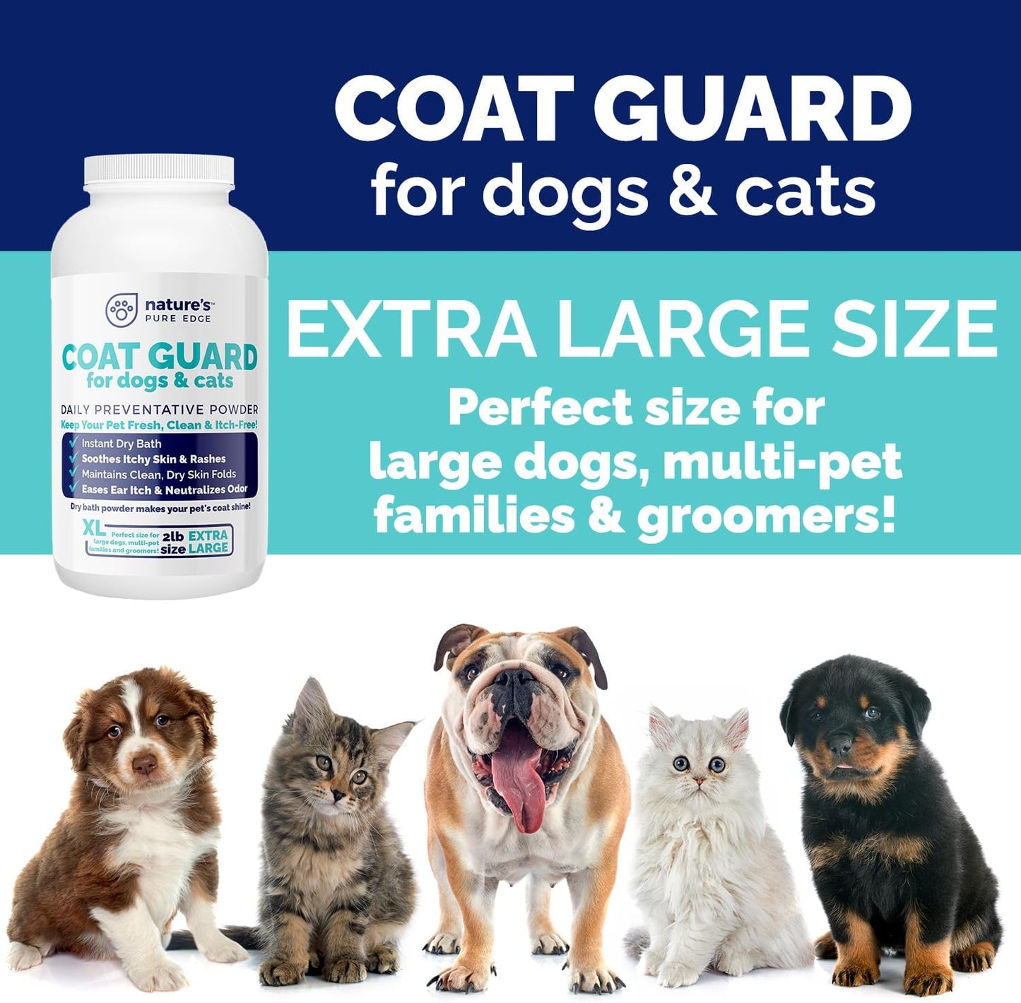 Coat Guard Dry Shampoo for Dogs and Cats - Extra Large 2 lbs Jar, Dog Dry Shampoo Powder, Waterless Dog Shampoo, Anti Itch Relief, Cedar Scented, Anti Dandruff, Hot Spots, Nature's Pure Edge