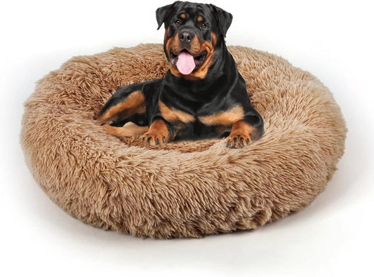 Dog Bed, Cat Calming Bed, Faux Fur Pillow Pet Donut Cuddler Round Plush Bed for Large Medium Small Dogs and Cats (44"x44"(Pack of 1), Camel)