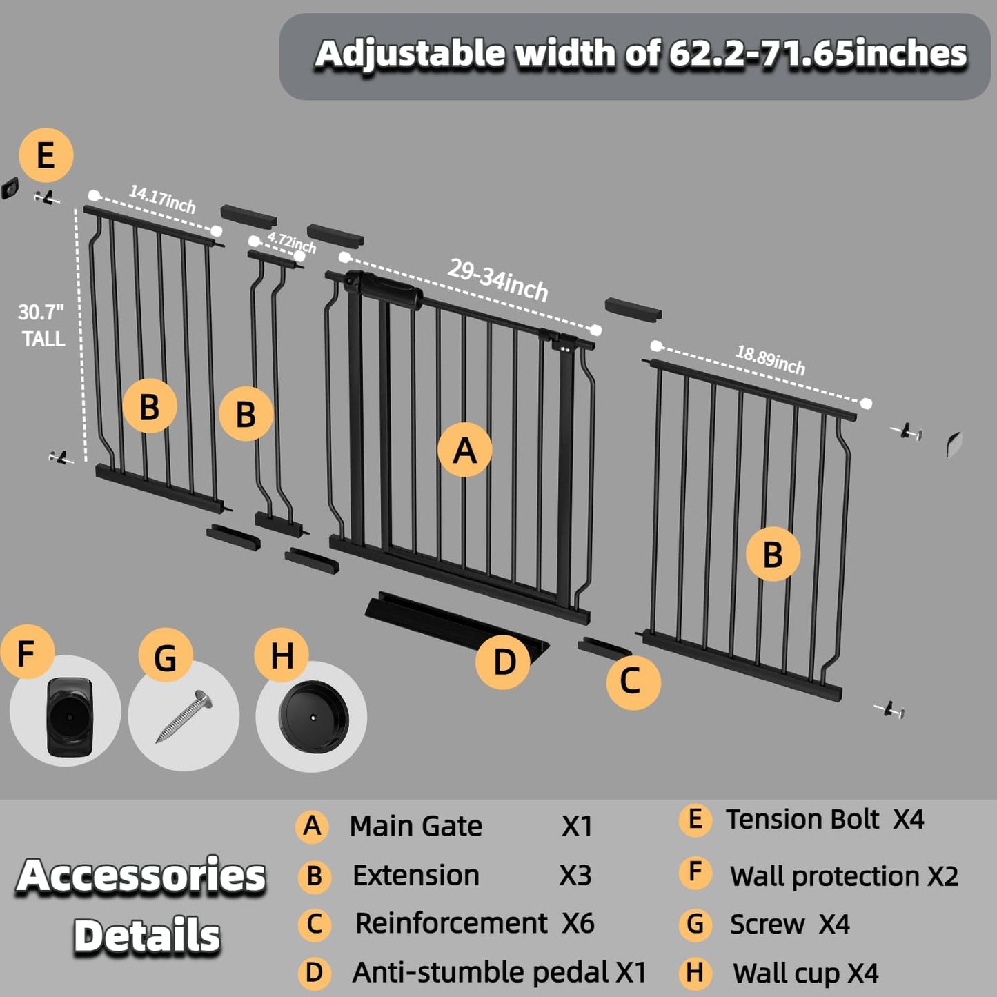 62.2"-71.65" Extra Wide Auto Closing Baby Safety Gate for Stairs & Doorways, Pressure Mounted No Drill Pet Gate with Walk-Through Door - Heavy Duty Childproof Gate for Toddlers, Kids, Dogs (Black)