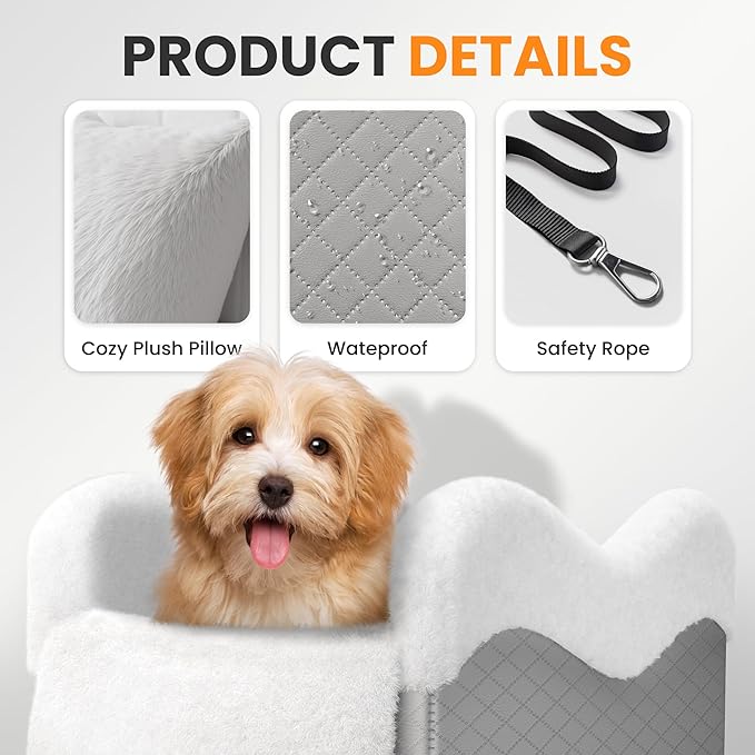 Portable Small Dog Seat for Car,Luxury Center Console Dog Car Seat Booster with Safety Tethers,Auti-Collapse Pet Travel Carrier for SUV,Truck.(Light Grey/White)