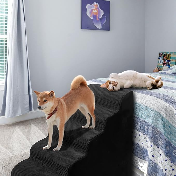 Dog Steps&Stairs for High Beds 24.4 inches High Up to 24-28 inches Bed, Tall Extra Wide Pet Stairs/Steps for High Bedsides,Non-Slip Dog Ramps for Small Older Dogs/Cats(Black)