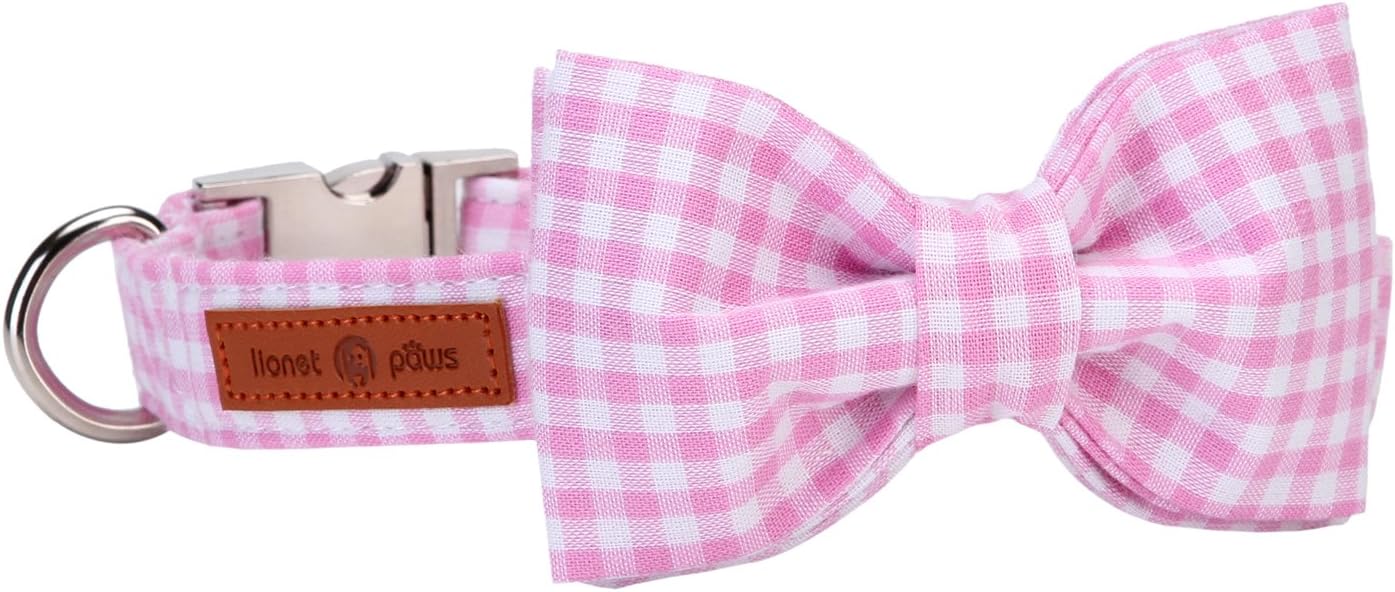 Lionet Paws Dog Collar with Bowtie, Comfortable Adjustable Cute Pink Gingham Bow Tie Collar for Female Dogs Gift, XLarge, Neck 16-26 inches