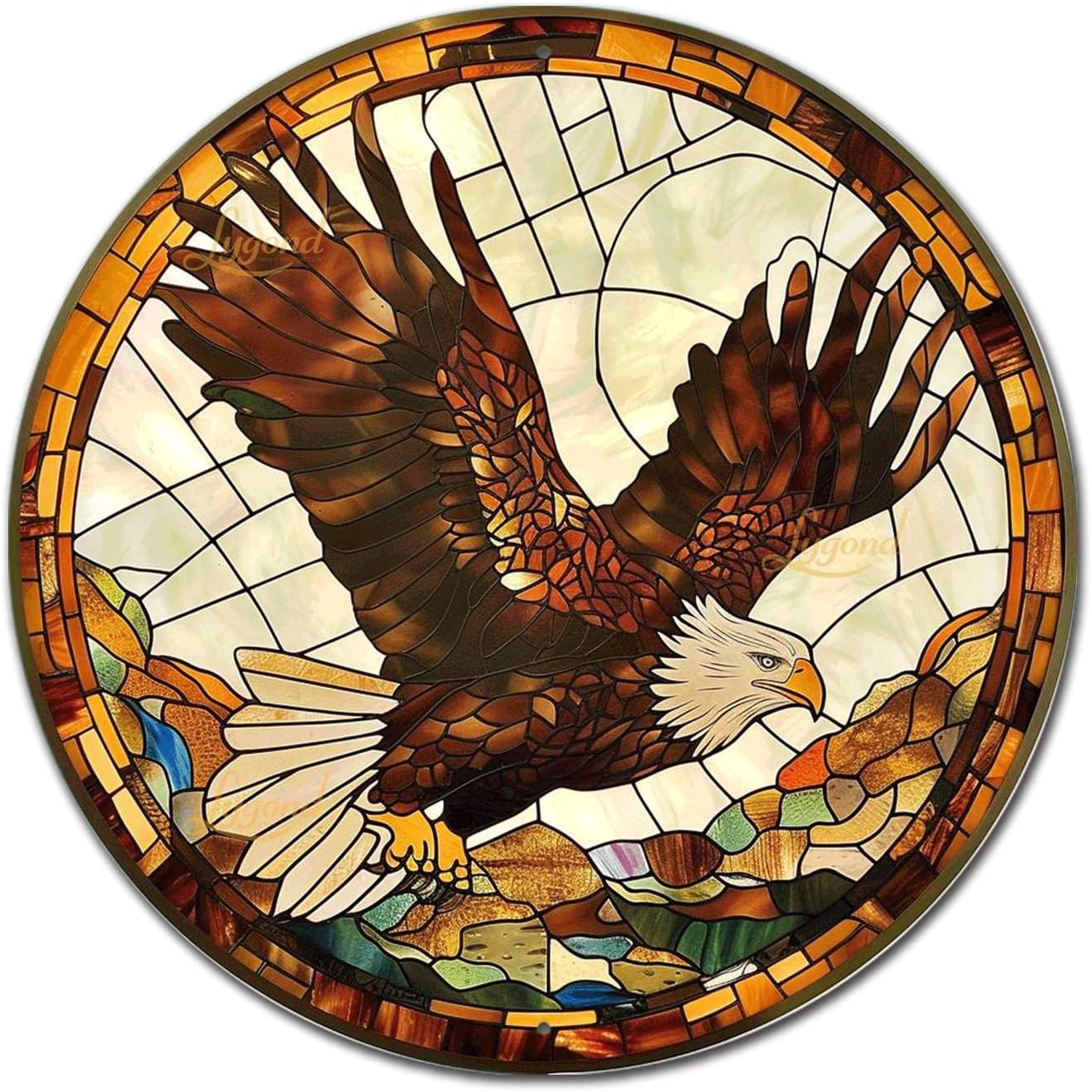 Lygond Metal Sign Tin Sign Circular Stained Glass Eagle Metal Garden Signs for Pet 8×8 Inches