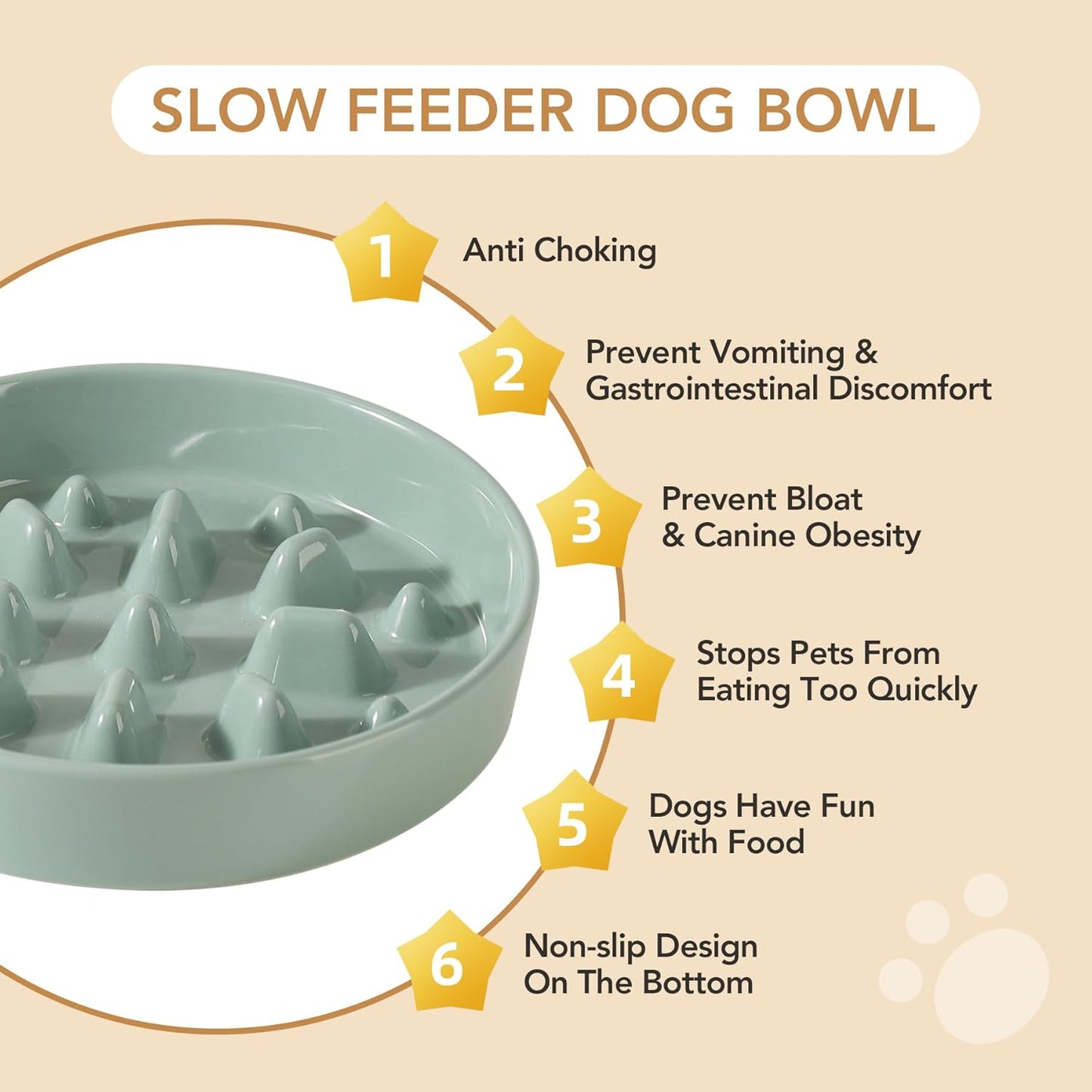 Ceramic 8.2 inch Dog Bowl Slow Feeder, Slow Pet Food Dish for Medium and Large Dog, Stop Bloat, Preventing Choking(Single Bowl, Light Green)