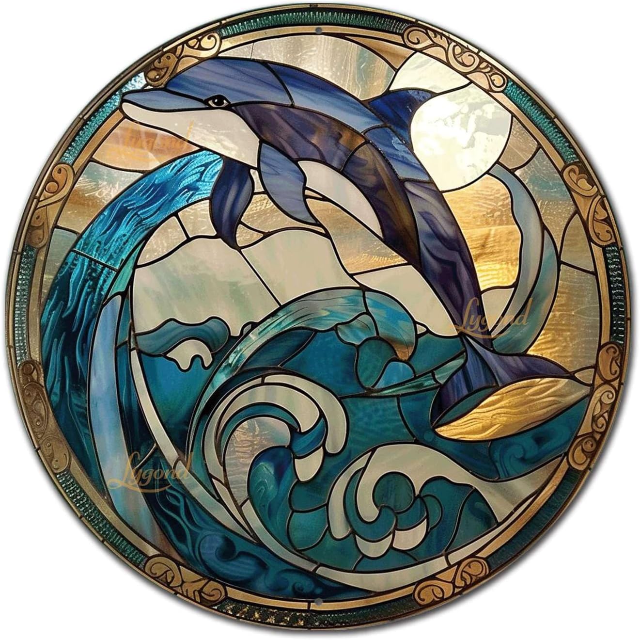 Lygond Metal Sign Tin Sign Circular Stained Glass Dolphin Wall Art for Restaurant 8×8 Inches