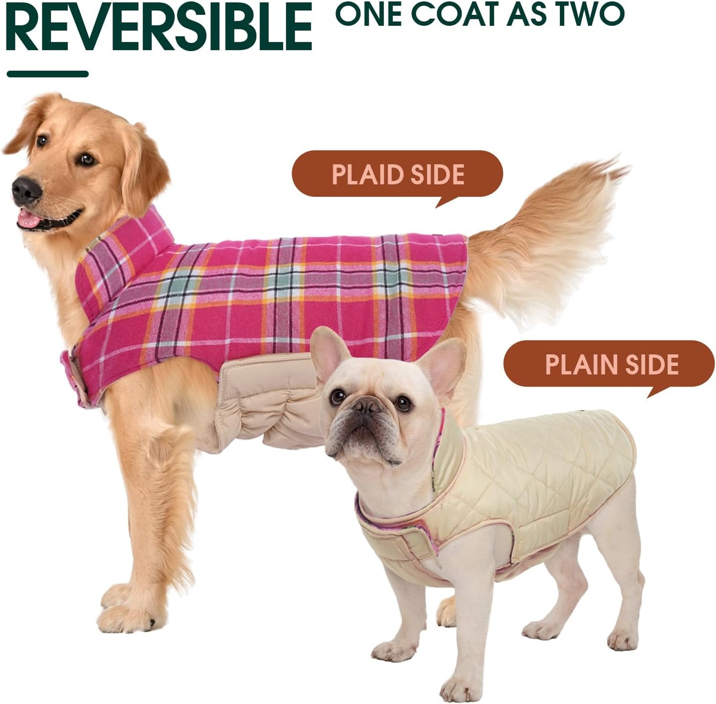 Kuoser Waterproof Dog Coat, Reversible Dog Jacket for Large Dogs, Adjustable Durable Doggie Winter Coat for Groowing Puppies Warm Puppy Cold Weather Apparel, Rose L