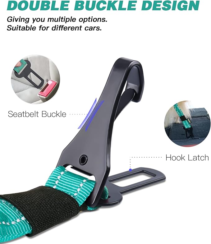 AUBELL Dog Seat Belt for Car,Updated 3-in-1 Adjustable Reflective Bungee Heavy Duty Dog Car Harness Tether with Clip Hook Latch & Buckle,Swivel Zinc Alloy Carabiner,Teal