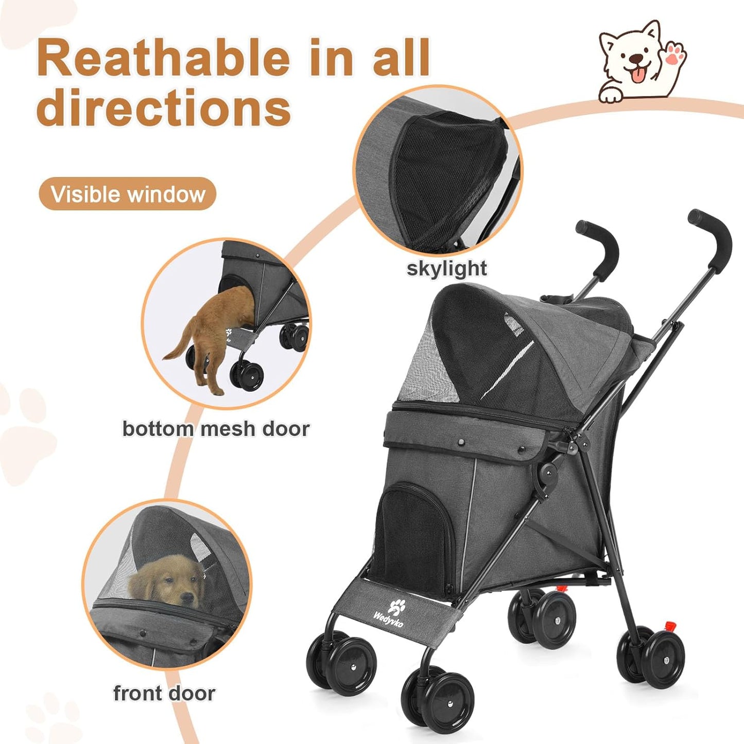 Wedyvko Travel Portable Dog Stroller, Pet Stroller for Small Puppy Dogs & Cats, Up to 33 lbs, Dark Grey