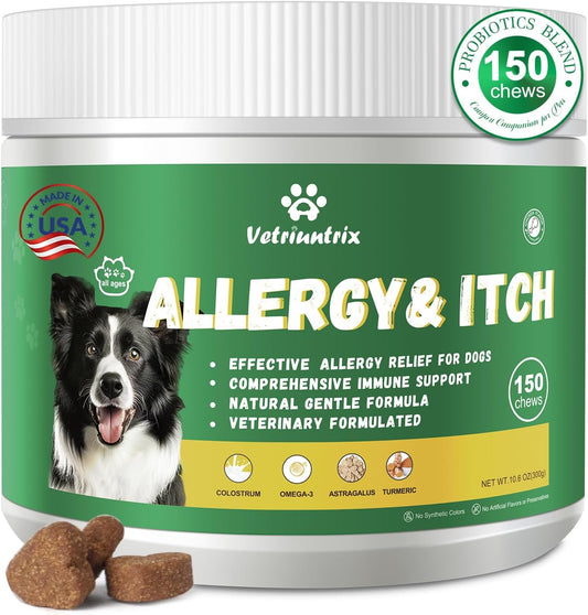 Dog Allergy Relief Chews, Dog Itch Relief Chews for Large Dogs Paw Licking Itchy Skin Seasonal Allergies, Probiotics with Astragalus Omega-3 for Coat Immune Supplement-150ct