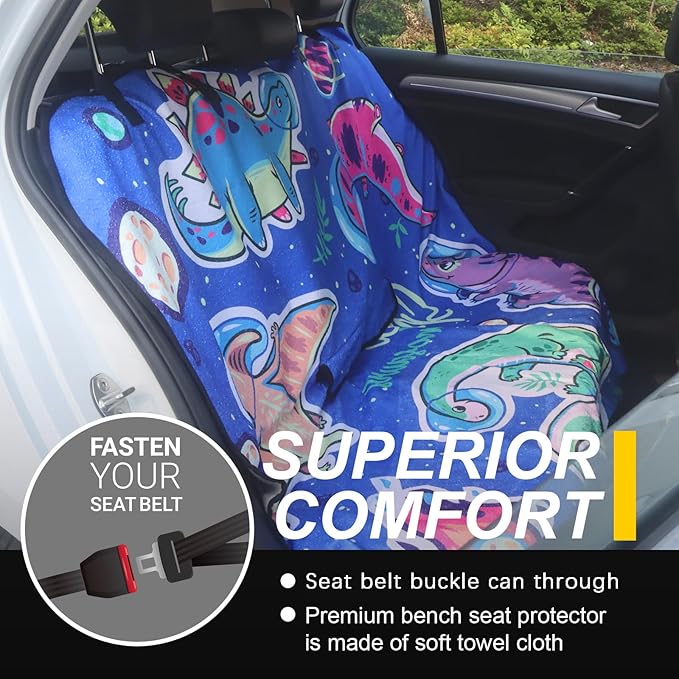 Back Seat Cover for Car Trucks Van SUV,Waterproof Rear Bench Towel Seat Covers for Dogs and Kids,Automotive Backseat Protector (Cartoon Dinosaur)