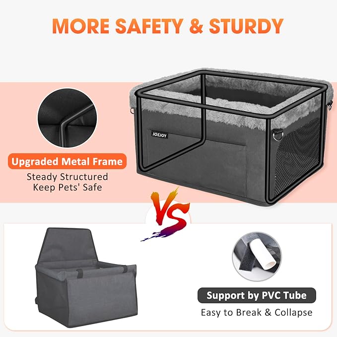 JOEJOY Deluxe Dog Booster Seat with Sturdy Metal Frame and Safety Leash for Small Pets up to 20 lbs - Portable Puppy Dog Car Seat with Thick Cushion and Storage Pockets for Small Dogs, Black