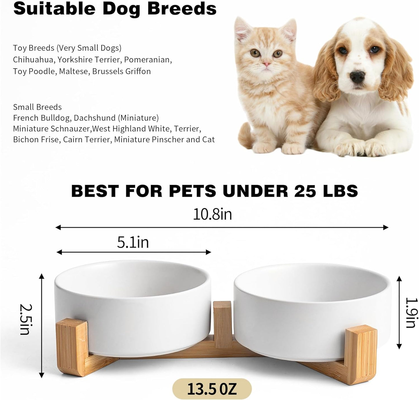 White Ceramic Dog & Cat Bowl Set – 13.5 OZ with Wooden Stand, Non-Slip, Elevated Design for Small Dogs & Cats – 2 Bowls (Food & Water, Ceramic Pet Bowls, Modern Dog Bowls)