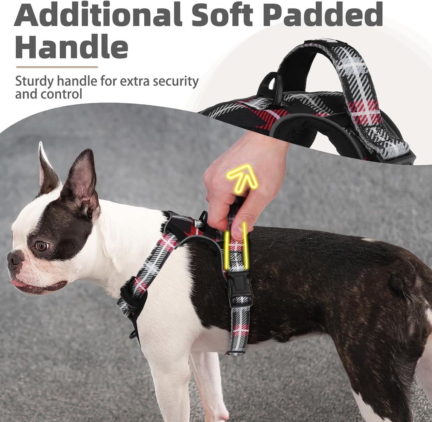 PUPTECK No Pull Dog Harness Small Sized, Adjustable Reflective Dog Harness with Handle Easy Control, Comfortable Soft Padded Pet Vest Harness for Small Dogs, Plaid Black L