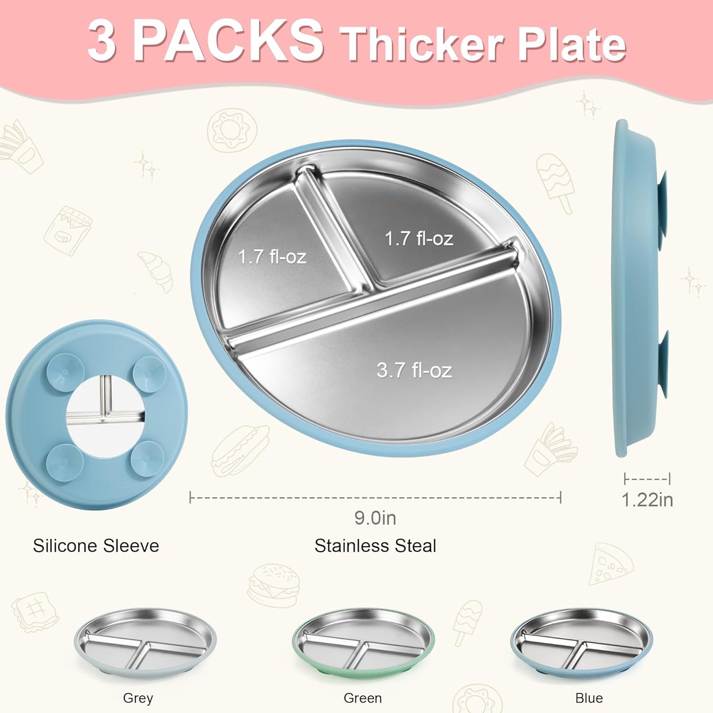 Bella's Friends Stainless Steel Baby Plates with Suction 3 Pack, 9” Divided Toddler Plates with Removable Silicone Sleeves for Mess-Free Feeding, Non-Toxic, Non-Slip, Dishwasher Safe, Green,Blue,Gray