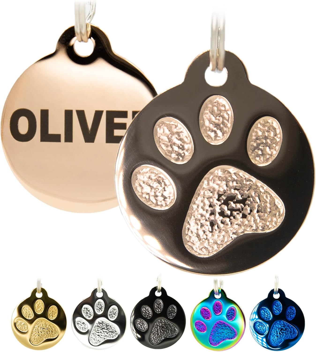 Engraved Pet Tag for Dogs and Cats - Personalized Front & Back up to 4 Lines of Text Custom Engraved ID, Round Paw Print Solid Plating Stainless Steel Rose Gold Small