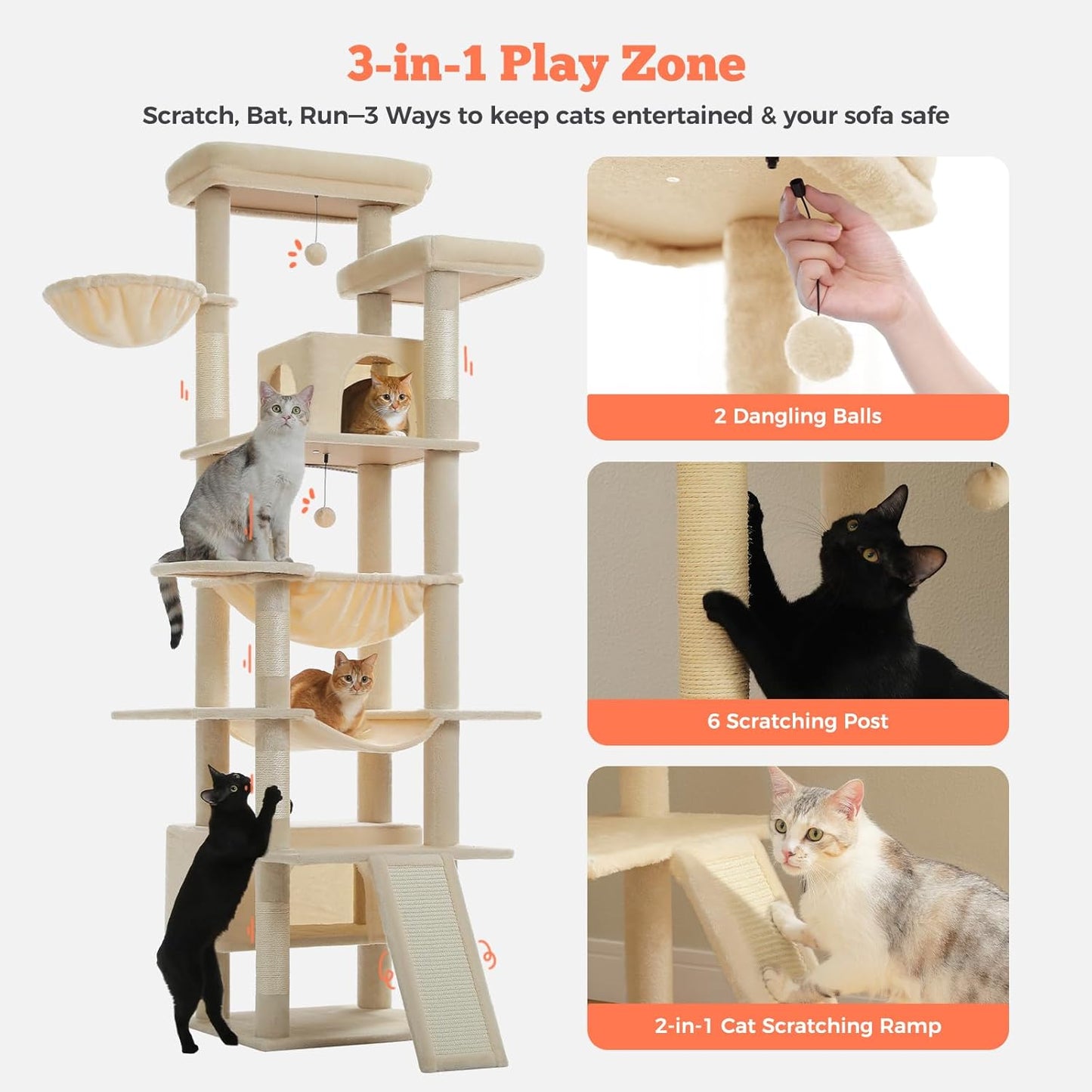 Large Cat Tree for Big Cats & Multi-Cat Homes, 81 Inch Tall Cat Tower with Sturdy Metal Hammock, 6 Sisal Scratching Posts, 2 Cozy Condos, 2 Top Perches - Multi-Level Cat Tower, Beige