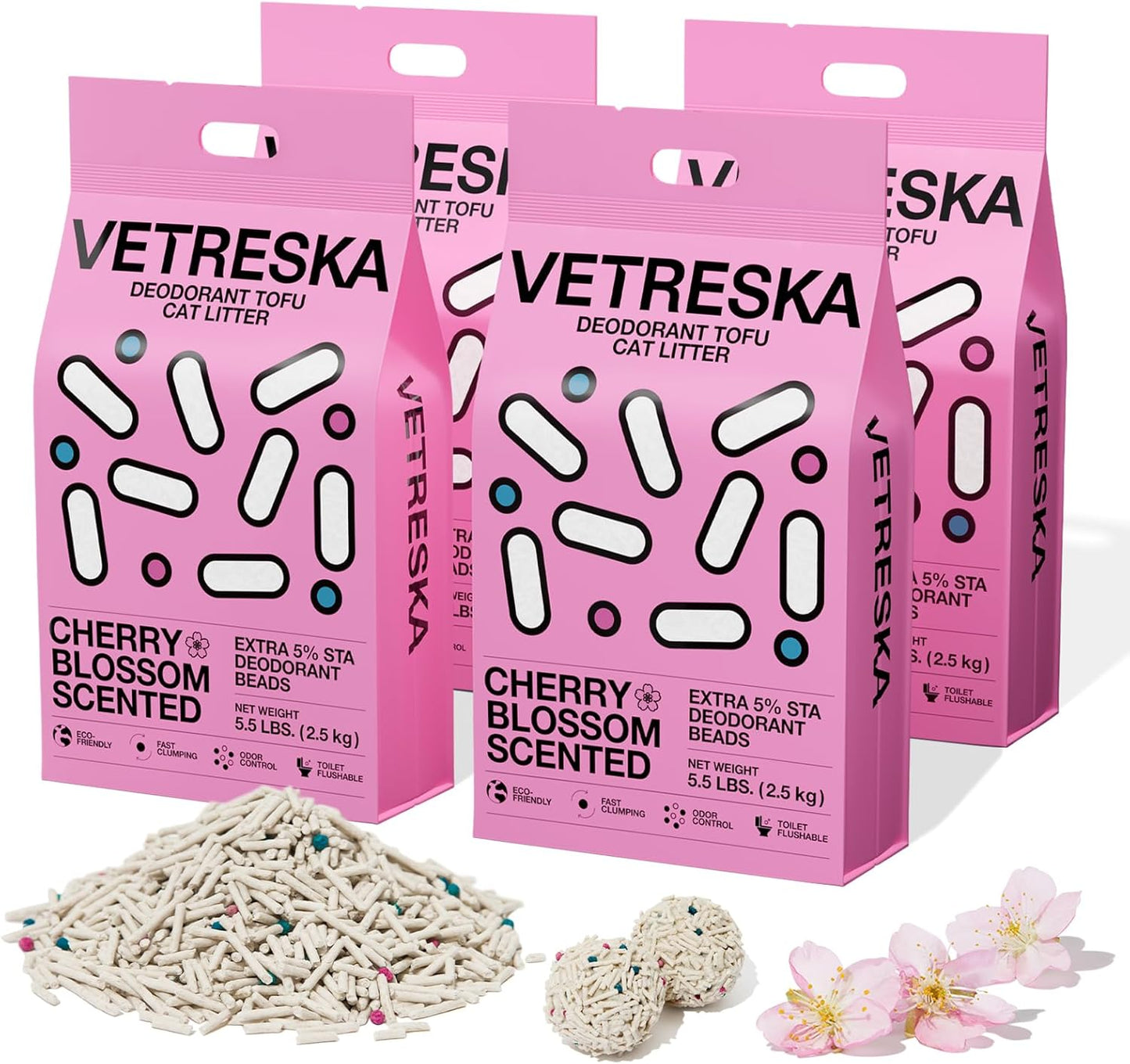 VETRESKA Cherry Blossom Tofu Cat Litter,Natural Pretty Kitty Litter Strong Clumping Flushable Cat Litter Pellets Ultra Absorbent,Dust-Free,Low Tracking,Deodorant Tofu Litter Compostable(5.5lb×4bags)