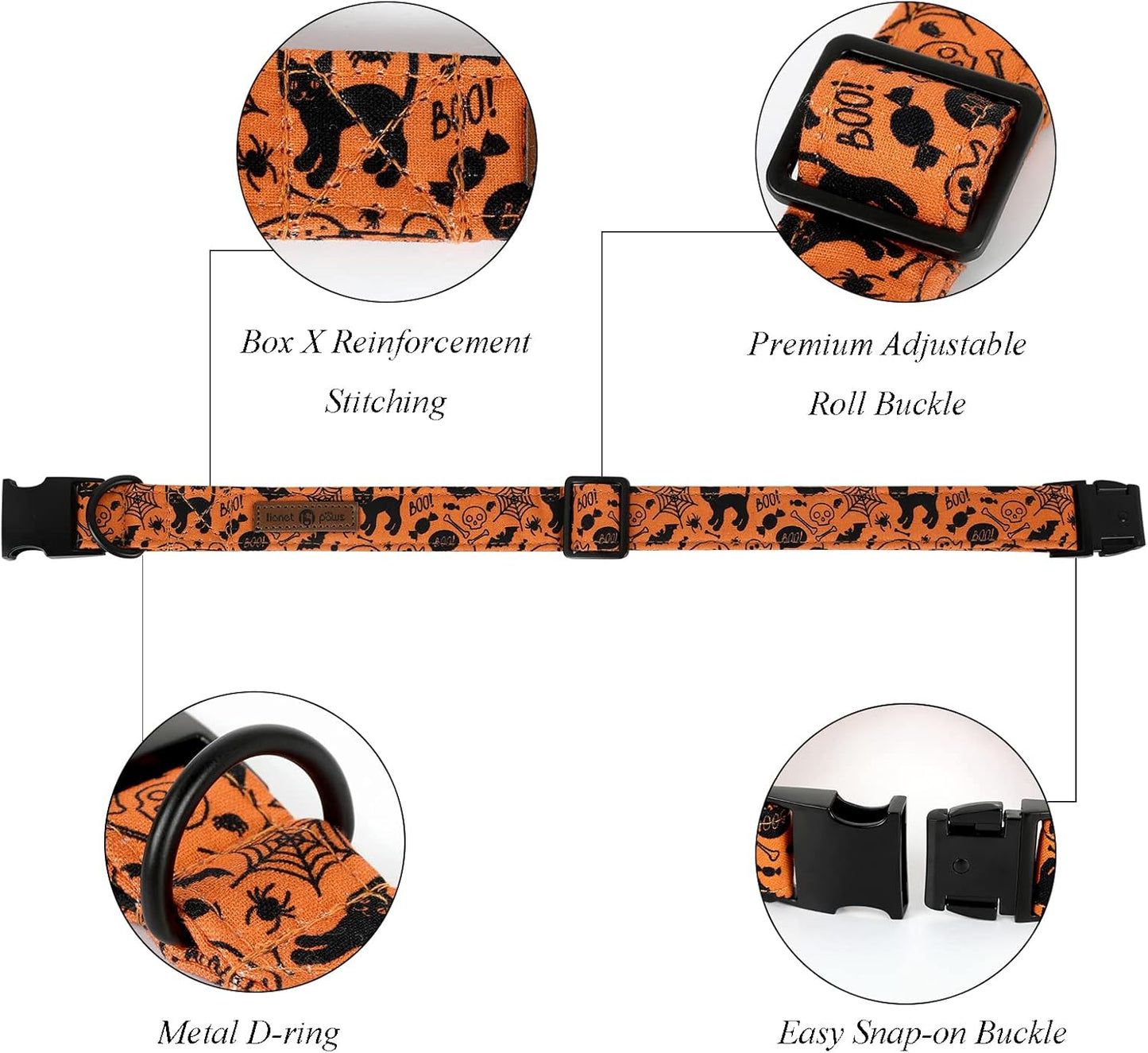 Lionet Paws Halloween Dog Collar with Bowtie - Cute Cotton Adjustable Fall Bowtie Dog Collar with Metal Buckle for Small Medium Large Dog Girl Boy Gift, M, Neck 13.5-22in